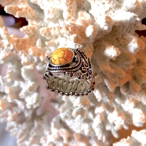 NWT 🌼 PAPARAZZI YELLOW HOWLITE STONE SILVER STRETCH RING One Size Fits All - Picture 5 of 8